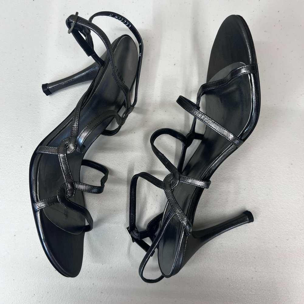 Stuart Weitzman Size 9 Pewter Gunmetal Leather Strappy Sandals Heels - Picture 7 of 15